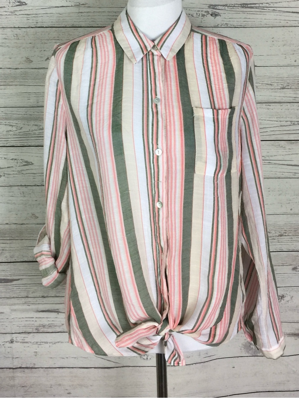 New Directions Women’s Multicolor Striped Button Tie Front Top Blouse Size L